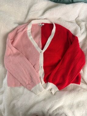 Colorblock Pink & Red V-Neck Cardigan with Ivory Trim